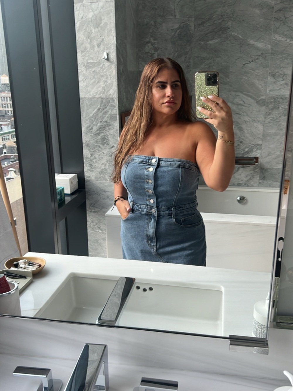 Fashion Nova Strapless Denim Blue Button-Front Dress